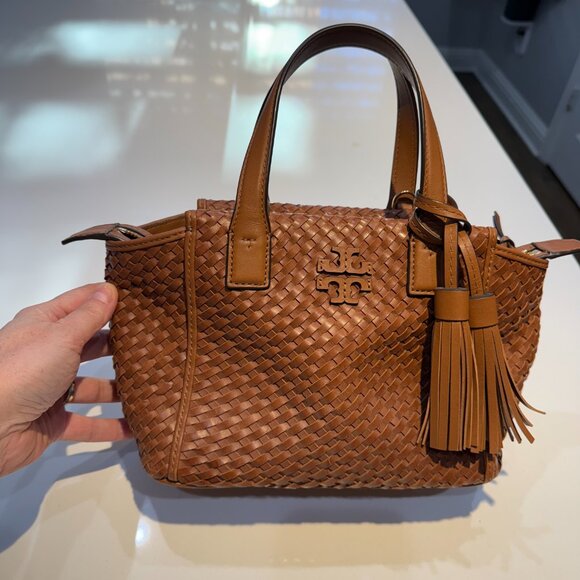 USED - Tory Burch Thea Woven Mini Slouchy Satchel Classic Tan - Picture 1 of 7